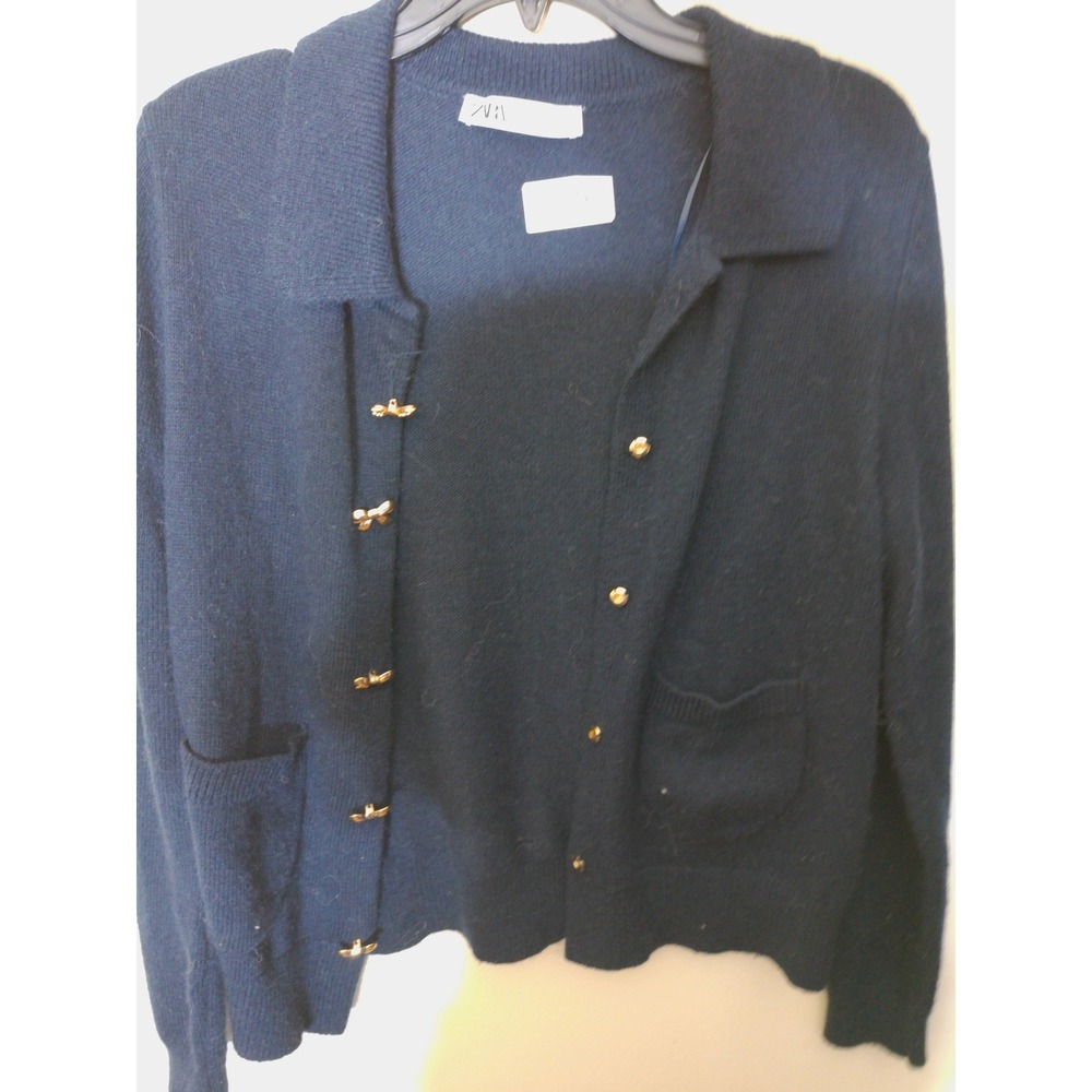 Zara Cardigan Women M Navy Blue Gold Bow Hardware Collared Knit Coquette Chic